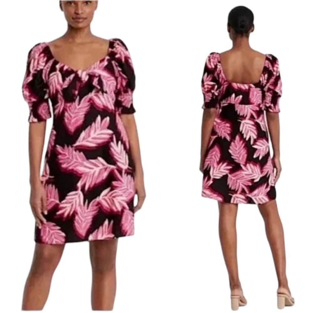Who What Wear Women’s Small Palm Tree Print Mini Dress Puff Sleeves